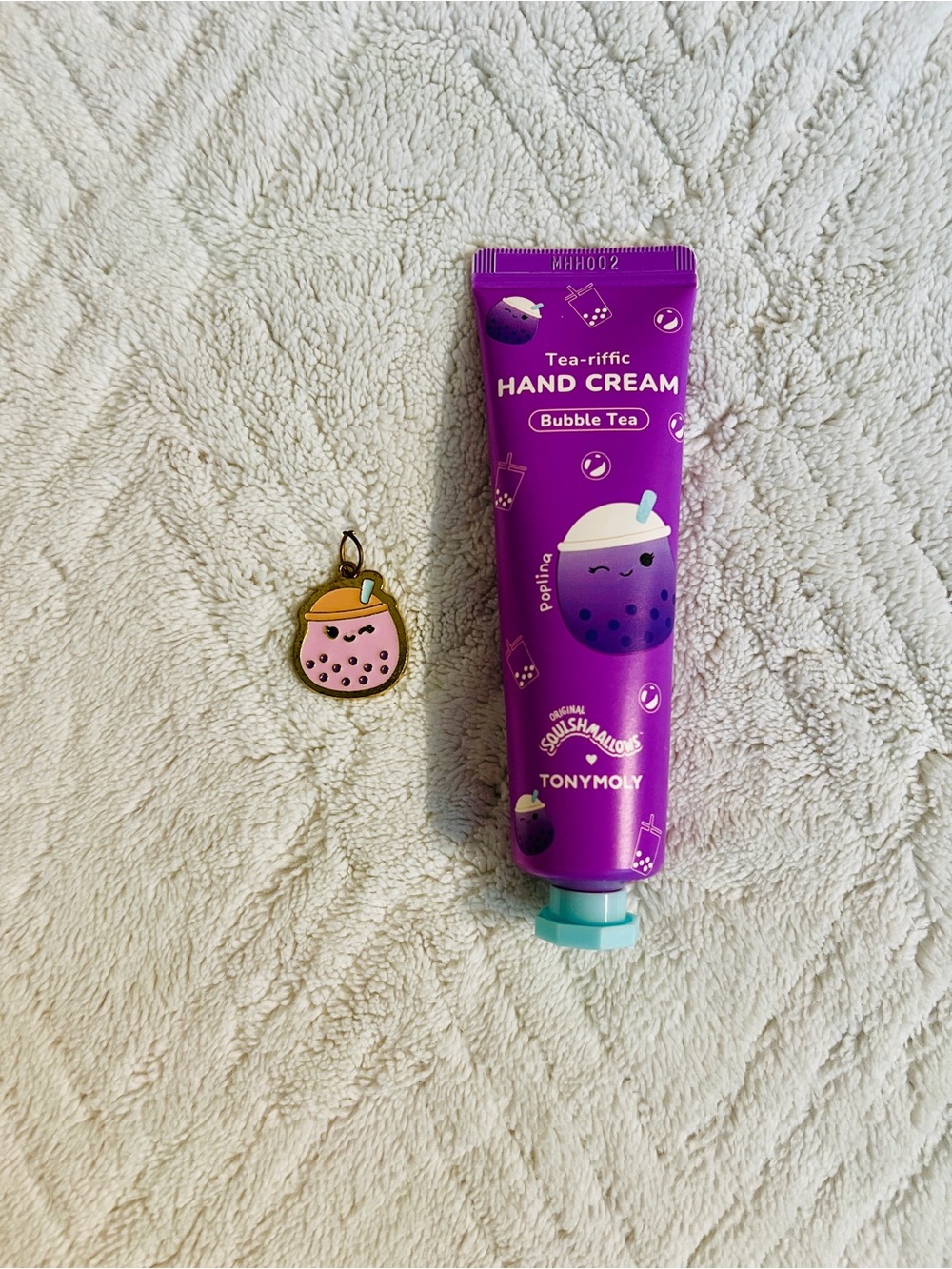 squishmallow x tonymoly tea-riffic hand cream in bubble tea + matching charm